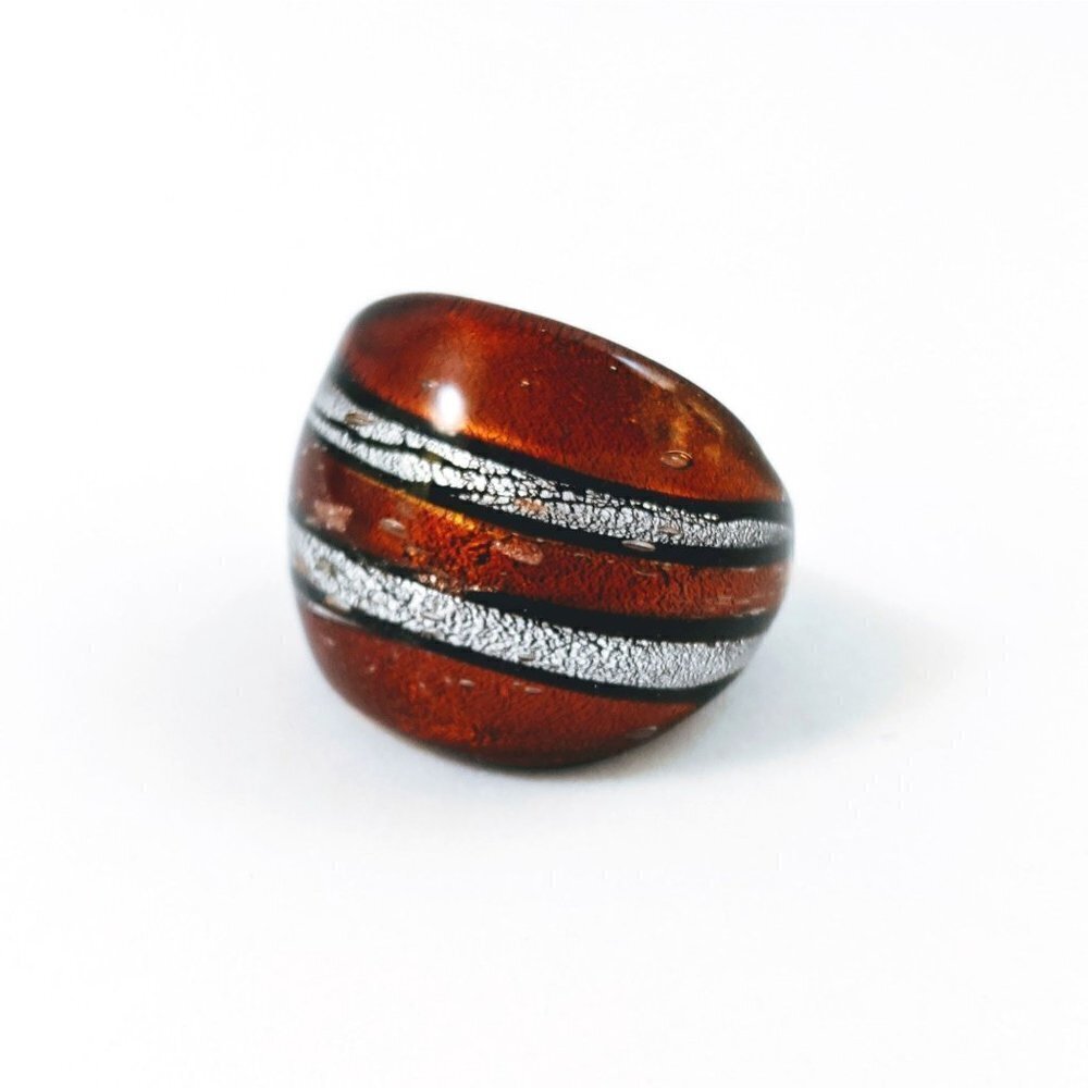 Vintage Brown Silver & Black Stripes Art Glass Domed Shimmery Wide Chunky Ring